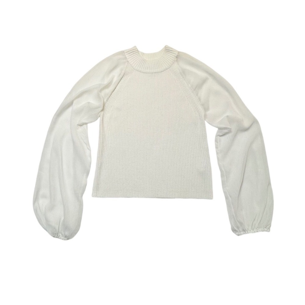 French Connection White Ribbed Sheer Sleeve Sweater XL Whimsical Whimsigoth
